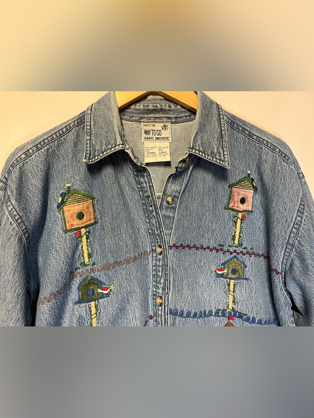 Vintage Birdhouse Embroidered Denim Shirt Large Cottagecore Prairie Garden Art - Picture 8 of 11
